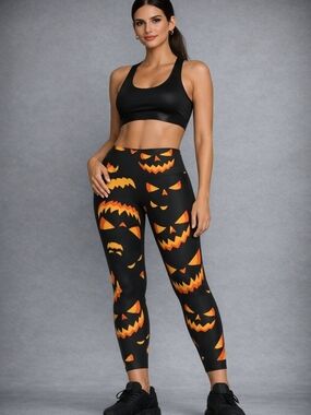 No Boundaries Black Leggings with Orange Jack-o'-Lantern Print